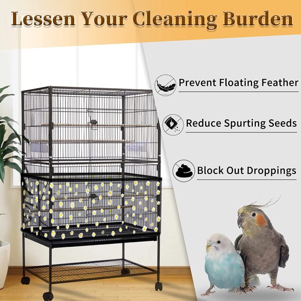 Adjustable Bird Cage Cover,  Bird Cage Seed Catcher, Large Soft Nylon Mesh Net with Daisy Pattern, Birdcage Cover Skirt Seed Guard for Parrot Parakeet Macaw Round Square Cages (Black) - Image 4