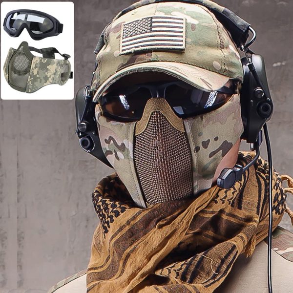 AOUTACC Airsoft Protective Gear Set, Half Face Mesh Mask with Ear Protection and Tactical Goggles for BBS Paintball Shooting CS Survival Games Cosplay - Image 4