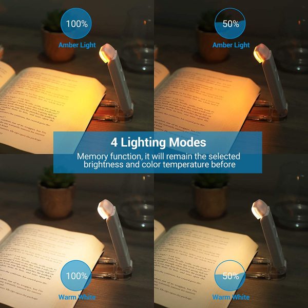 Book Light Rechargeable, Amber Reading Lights for Books in Bed, Blue Light Blocking, 4 Brightness Adjustable for Eye Care, Clip on LED Book Light for Kids, Bookworms, Warm White