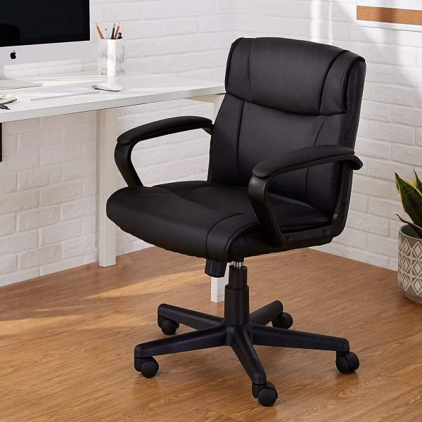 AmazonBasics Classic Leather-Padded Mid-Back Office Desk Chair with Armrest - Black - Image 2