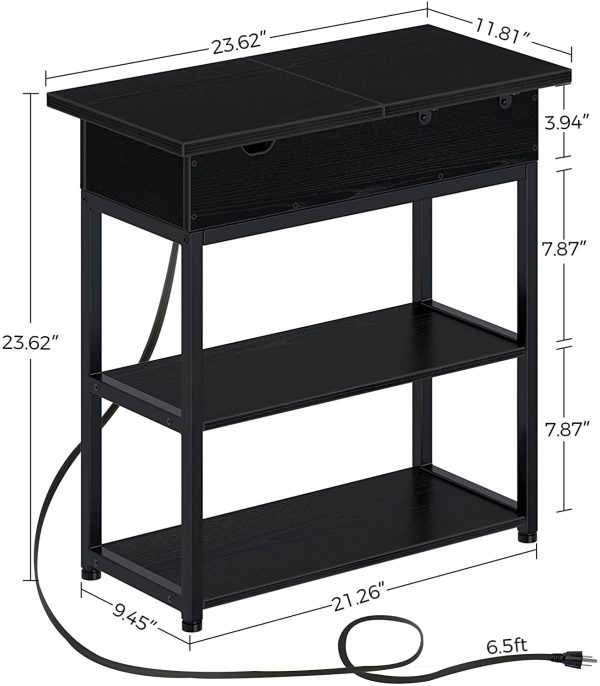 Rolanstar End Table with Charging Station, Narrow Flip Top End Side Table with Storage Shelf and USB Ports & Power Outlets for Small Spaces, Nightstand Sofa Table for Living Room, Bedroom Black - Image 7