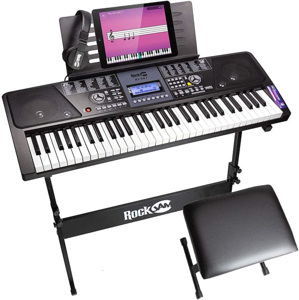 RockJam 61 Key Keyboard Piano With LCD Display Kit, Keyboard Stand, Piano Bench, Headphones, Simply Piano App & Keynote Stickers