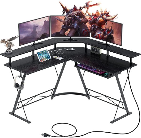 Computer Desk L-Shaped with Power Outlet and USB Port, 54" x 54" Corner Gaming Desk with Monitor Stand and Keyboard Tray, Home Office Desk with Hook, Black