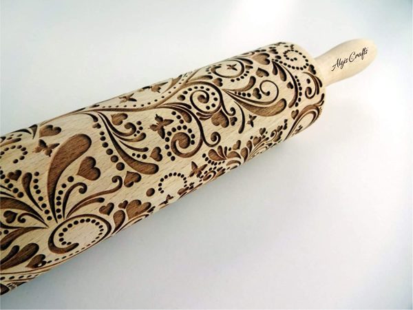 SPRING Embossing Rolling pin. Laser cut embossed dough roller with butterflies hearts flowers. Embossed cookies. Pottery. Birthday gift. Gift for mother - Image 6