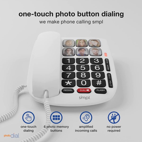 SMPL Hands-Free Dial Photo Memory Corded Phone, One-Touch Dialing, Large Buttons, Flashing Alerts, Durable, Perfect for Seniors, Alzheimer's, Dementia, Hearing Impaired