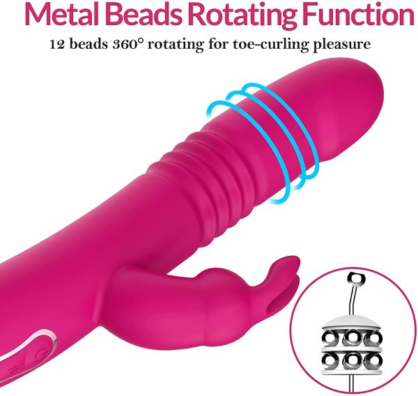 Beaded Thrusting Rabbit Vibrator - BOMBEX William, 9.8" Triple Action G Spot Vibrator with Independent Clitoral Stimulator, 10 Patterns, Waterproof & Rechargeable Sex Toys for Women, Rose?M? - Image 2