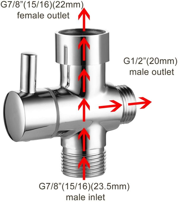 Ciencia Metal T-adapter with Shut-off t Valve, 7/8 or 15/16 and G1/2 3-way water Tee Connector,for handheld toilet bidet spray bathroom,Chrome, DSF006 - Image 3