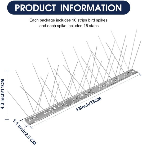 Stainless Steel Bird Spikes, Bird Repellent Spikes for Outside Deterring Pigeon Crows Woodpeckers and Rodent, Deterrent Device Covers 10 Feet(3 Meters)