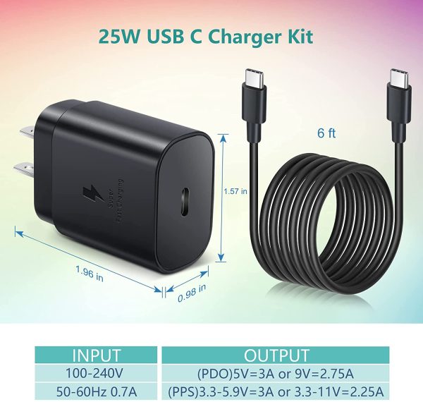 USB C Fast Charger, Excgood 25W Super Fast Charging Wall Charger with USB-C Type C Cable (6ft) Compatible with Samsung Galaxy S22/S21 Ultra/S21 FE/,Z Fold3/2, Note 10+/20/S20/A80/A70,Pixel 4/3XL, Pad and More - Image 3