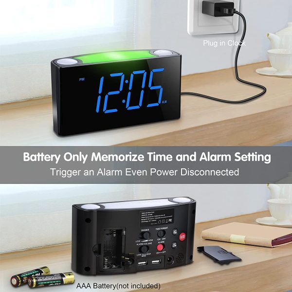 Digital Alarm Clock for Bedrooms, 7'' Large LED Display Electric Clock with 2 USB Chargers, 7 Color Night Light Alarm Clock, 0-100% Dimmer, 12/24 H & DST, Adjustable Volume, Big Snooze, Battery Backup, Simple Basic Plug in Loud Alarm Clock for Heavy Sleepers Kids Teens Boys Girls Elderly Seniors, Home Living Room Kitchen Desk Shelf Bedside Nightstand, Office Travel (Blue) - Image 3