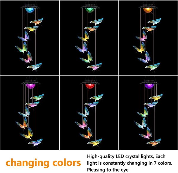 Solar Butterfly Wind Chimes Outdoor Colors Changing Upgraded 7 LED Lights Energy Saving and Waterproof Hanging Shiny Lights for Home Patio Yard Garden Decor Great Gifts Mother Gift