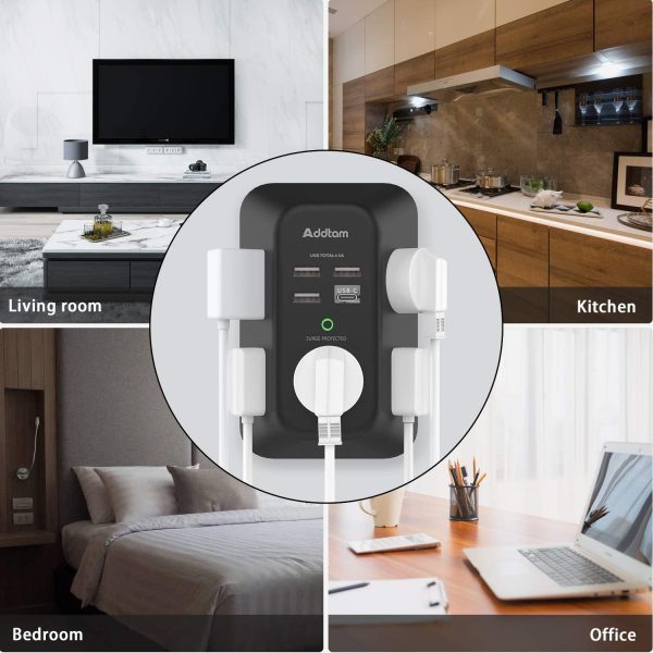 USB Wall Charger Surge Protector -  5 Outlet Extender with 4 USB Charging Ports ( 1 USB C), 3-Sided 1800J Power Strip Multi Plug Outlets Adapter Widely Spaced,Black - Image 4