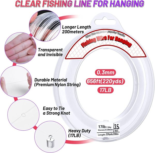 Clear Fishing Wire, Acejoz 656FT Fishing Line Clear Invisible Hanging Wire Strong Nylon String Supports 40 Pounds for Balloon Garland Hanging Decorations