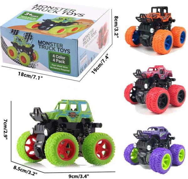 4 Pack Monster Truck Toys for Boys and Girls, Inertia Car Educational Toy Cars, Friction Powered Push and Go Toy Cars, Christmas Gift Birthday Party Supplies for Toddlers Kids (4 Color)