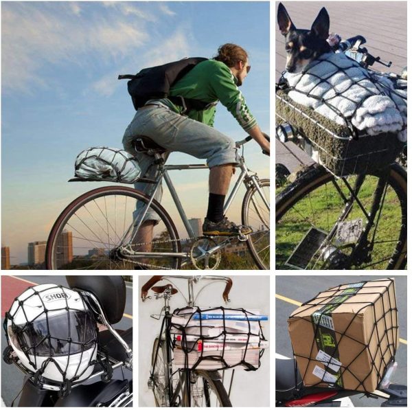 2pcs 15 X 15 inch Motorcycle Accessories Luggage Rack 8x8 Dense Cargo Net Bungee Straps Stretch to 30 x 30 inch with 8 Removable Hooks, Tight 2 x 2 inch Mesh, Motorcycle Sports Bike Bicycle Helmet Scooter Net with Carrying Bag - Image 9