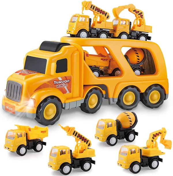 Construction Truck Toys for 3 4 5 Years Old Toddlers Kids Boys and Girls, Car Toy Set with Sound and Light, Play Vehicles in Friction Powered Carrier Truck, Small Crane Mixer Dump Excavator Toy - Image 2