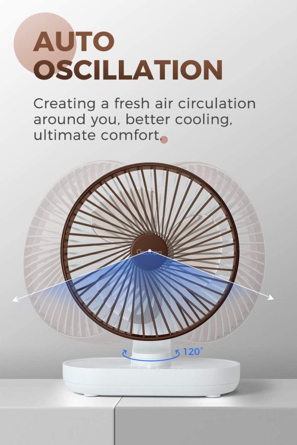 Desk Fan, Auto Oscillating 6.5 Inch Quiet Battery Fan, 4 Speeds Strong Table top Silent Cooling, 4000 mAh Usb Rechargeable Battery Operated for Home, Bed, Office, Brown - Image 2