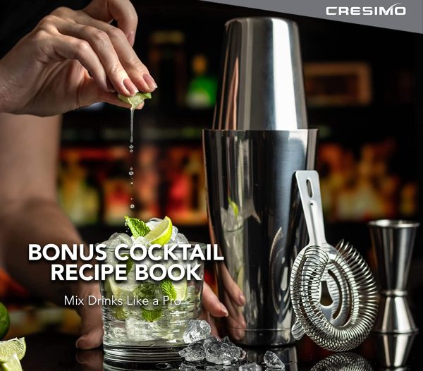 4pc Stainless Steel Boston Shaker Bartender Kit - Cocktail Shaker Set with 18oz / 28oz Martini Shaker, Cocktail Book, Double Jigger, & Hawthorne Cocktail Strainer / Cocktail Set / Bar Set - Cresimo - Image 2