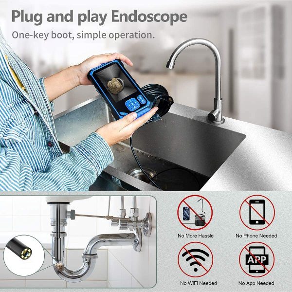 Industrial Endoscope,  HD Borescope Inspection Camera 4.3" LCD Screen Snake Camera IP67 Waterproof with 32GB Card, 2600mAh Battery, 6 LED Lights, Semi-Rigid Cable, Helpful Tools-16.5FT