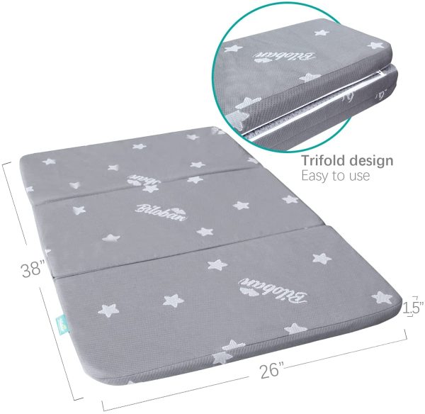 Trifold Pack N Play Mattress Topper 38" x 26", Playpen Mattress Waterproof Breathable Soft Portable Foldable, Baby Foam Pack and Play Mattress with Removable Zippered Cover, Non-Slip, Grey - Image 7