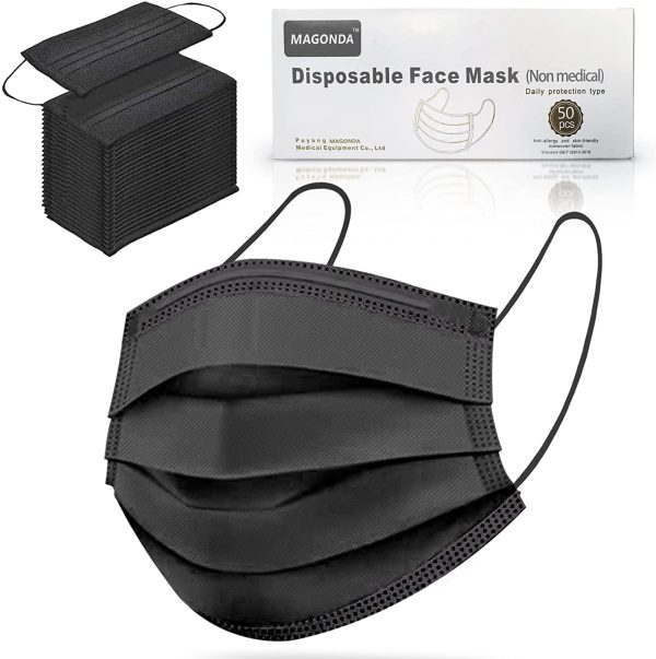 [50 PACK] Black Disposable Face Mask - Ships from Canada - Breathable Facemask with Adjustable Nose Clip - Image 2