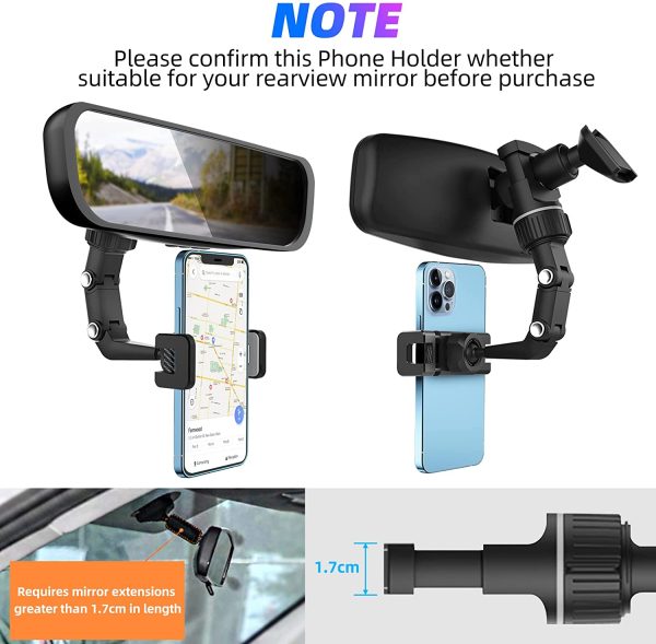 Multifunctional Rearview Mirror Phone Holder, Universal 360?? Rotating Car Phone Holder for Rearview Mirror Mount Cell Phone Stand Clip Rear View Mirror Phone Holder Fit for 1.9"~3.9" Wide Smartphones - Image 5