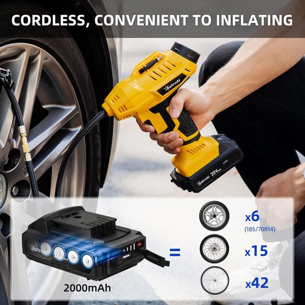 Cordless Tire Inflator Air Compressor 20V Max Rechargeable Battery Powered 160PSI Portable Handheld Air Pump with 12V Car Power Adapter Digital Pressure Gauge for Cars Motorcycles (Yellow) - Image 4