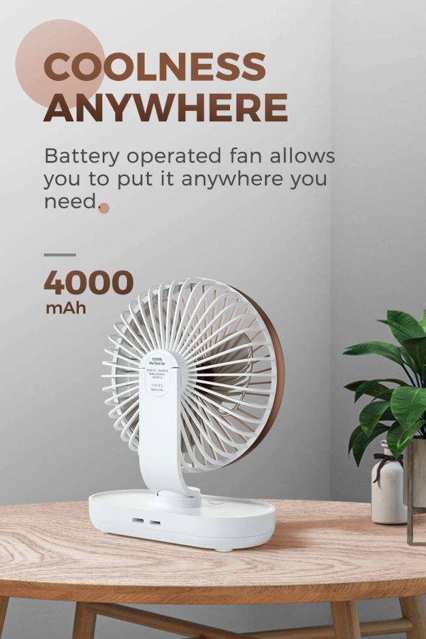 Desk Fan, Auto Oscillating 6.5 Inch Quiet Battery Fan, 4 Speeds Strong Table top Silent Cooling, 4000 mAh Usb Rechargeable Battery Operated for Home, Bed, Office, Brown - Image 4