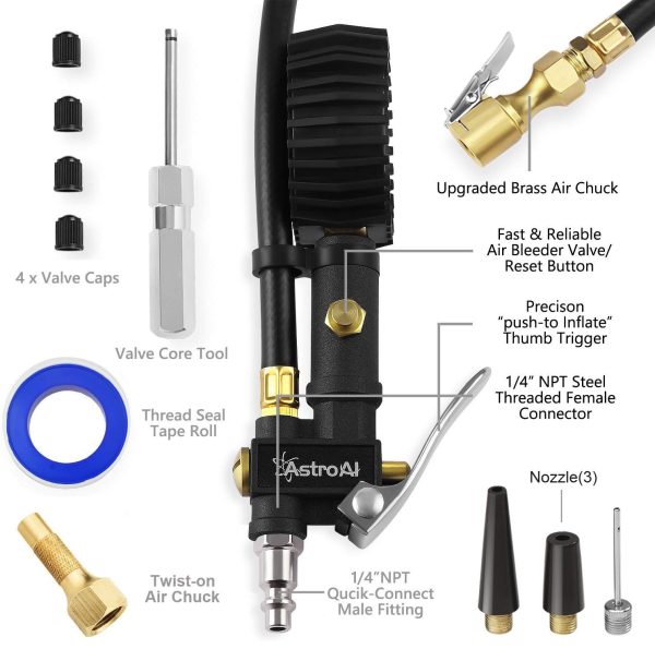 AstroAI Digital Tire Inflator with Pressure Gauge, 250 PSI Air Chuck and Compressor Accessories Heavy Duty with Rubber Hose and Quick Connect Coupler for 0.1 Display Resolution (Black) - Image 2