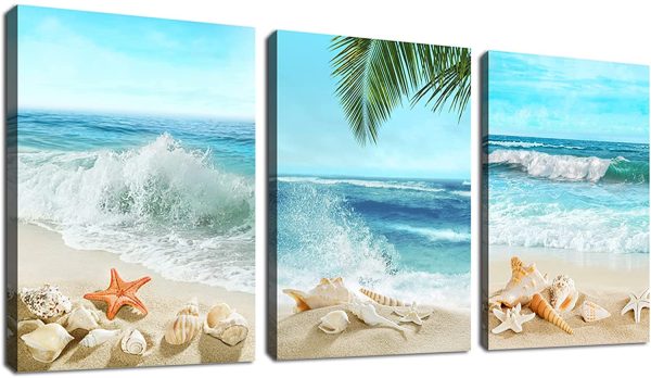 Beach Canvas Wall Art Blue Sea Tropical Beach Landscape Canvas Pictures for Wall Decor Seashell Seastar Conch on Sands Canvas Prints Artwork for Bathroom Living Room Wall Decor 30 X 40 CM X 3 Pieces - Image 5