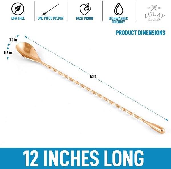 Zulay Premium 12 Inch Stainless Steel Cocktail Spoon - Long Attractive Spiral Design for Layering Drinks - Bar Spoon & Cocktail Mixing Spoon for Cocktail Shakers, Tall Cups & Pitchers (Gold) - Image 6