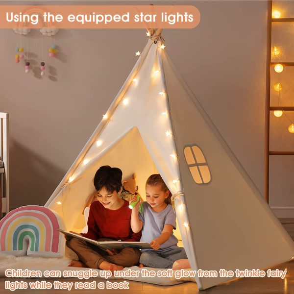 Tiny Land Kids Teepee Tent-Toys for 3,4,5,6 Year Old Girls-Kids Foldable Play Tent with Mat & Light String & Carry Case, White Canvas Teepee Indoor Outdoor Games-Kids Playhouse-Kids Tent