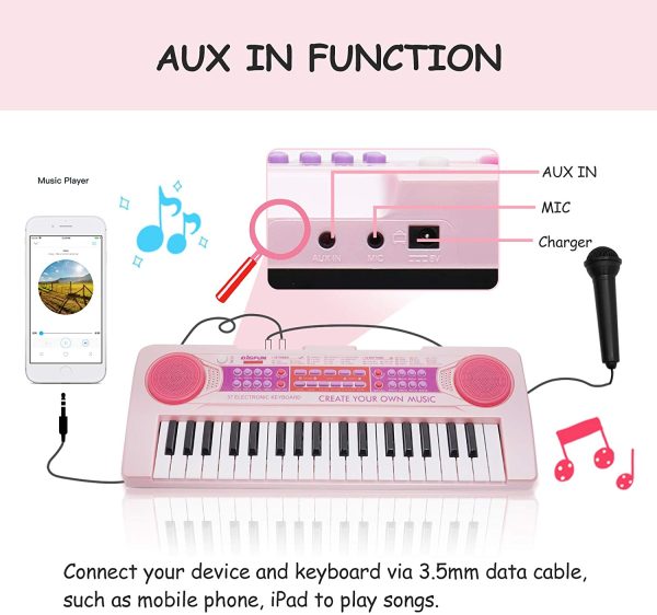 Kids Keyboard 37 Keys Kids Piano Keyboard Girls Multi-Function Piano Pink Organ Educational Light up Keyboard with Microphone for Kids Girls Toddlers Toys 16.5Inch - Image 7