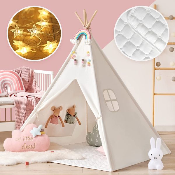 Tiny Land Kids Teepee Tent-Toys for 3,4,5,6 Year Old Girls-Kids Foldable Play Tent with Mat & Light String & Carry Case, White Canvas Teepee Indoor Outdoor Games-Kids Playhouse-Kids Tent - Image 4