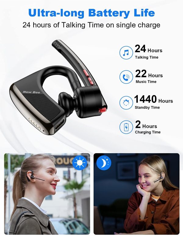 Bluetooth Headset V5.2  24Hrs Talktime Bluetooth Earpiece CVC 8.0 Dual Mic Noise Cancelling Wireless Handsfree Driving Headset with Mic Mute for iPhone/Android/Smartphone/Trucker/Business/Office - Image 4