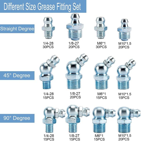 230Pcs SAE & Metric Hydraulic Grease Fitting with Straight, 90-Degree, 45-Degree Grease Fitting Assortment Set Including 1/4", 1/8", M6 and M10 Galvanized Steel Home Improvement Tool Kit