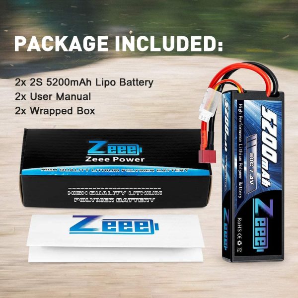 Zeee 2S 7.4V 5200mAh Lipo Battery 80C Hard Case Battery with Deans Plug for 1/8 1/10 RC Vehicles Car Traxxas Slash X-Maxx RC Buggy Truggy RC Airplane(2 Pack) - Image 2