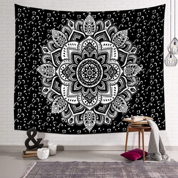 Tapestry Wall Hanging Black and White Mandala Flowers, Hippie Bohemian Tapestries Indian Home Decor Wall Art, Bedroom College Dorm Beach Throw Boho, 59"x51" by ZHH - Image 7