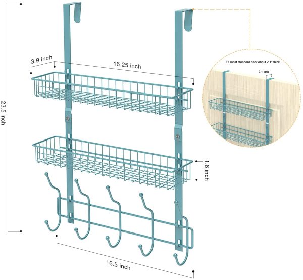 Over The Door Organizer Hanging Storage Shelf with 2 Baskets & 5 Hooks Spice Rack for Kitchen Closet Bathroom Bedroom Pantry - Image 3