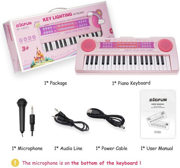 Kids Keyboard 37 Keys Kids Piano Keyboard Girls Multi-Function Piano Pink Organ Educational Light up Keyboard with Microphone for Kids Girls Toddlers Toys 16.5Inch - Image 3