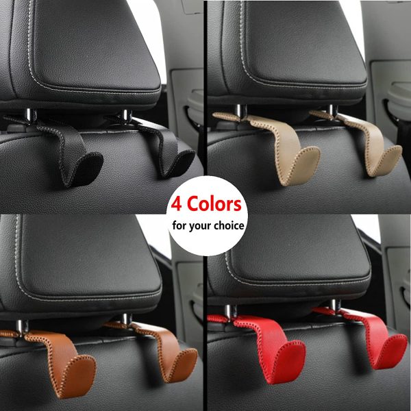 Leather Car Headrest Hook, Universal Car Back Seat Headrest Hooks, Car Seat Back Organizers Car Accessories for Purse Bags and Coats (2 Pack, Beige) - Image 2