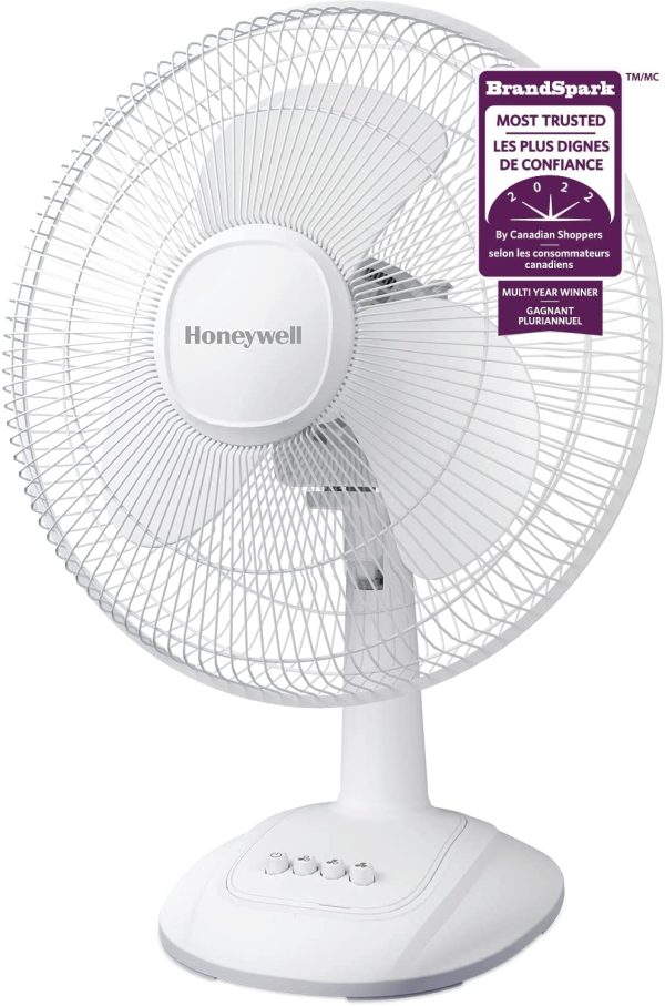 HONEYWELL HTF1220WC 12" Comfort Control??Personal Table Fan, White, with Oscillation, 3 Speed Settings and Adjustable Tilting Head