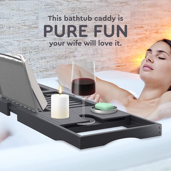 Bamboo Bathtub Tray - Expandable Bath Tub Tray Bathtub Caddy Tray- Adjustable Organizer Tray for Bathroom - Luxury Bath Caddy Tub Table Bathroom Accessories - Unique Gift for Women and Men (Black) - Image 7