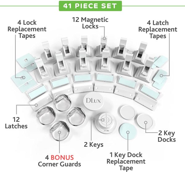 Magnetic Cabinet Locks Child Safety 41-Piece Kit with New Upgraded Adhesive [12 Magnet Locks 2 Keys 4 Corner Guards] Easy Installation No-Drill Baby Proofing Locks to Childproof Cabinets & Drawers - Image 4