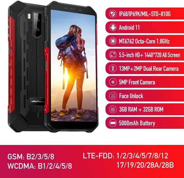 Rugged Phone, Armor X9 Unlocked Cell Phones Canada, 3GB+32GB Octa-core Android 11 Cell Phone Dual SIM, 5000mAh Battery, 13MP AI Camera, 5.5??HD+ Waterproof Smartphone for Outdoor (Red)