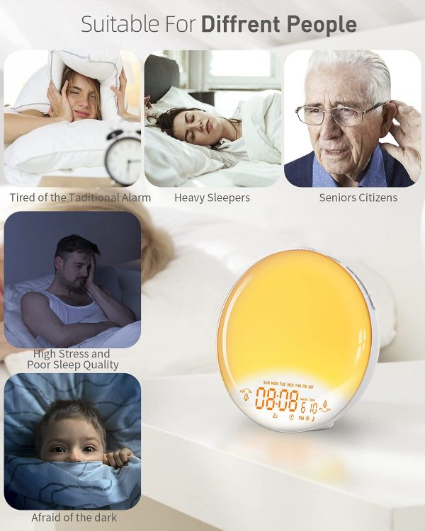 Wake Up Light, Sunrise Alarm Clock for Heavy Sleepers, 6 Colors & 4 Effects Night Light, with Dual Alarms, Sunrise Simulation, Sleep Aid & FM Radio/7 Natural Sounds/Snooze for Kids Adults Bedrooms [2022 New Version] - Image 4