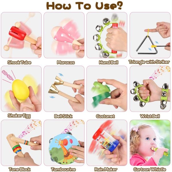 kramow Toddler Musical Instruments Toys 23PCS Wooden Percussion Instruments Set Education Musical Toys Gifts for Baby Kids