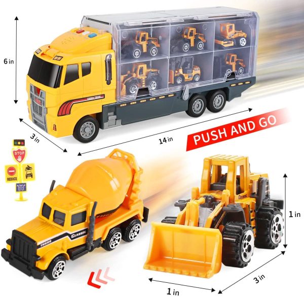 cute stone 25 in 1 Construction Vehicles Trucks Toy Push and Go Car Carrier Truck Toy, Play Vehicles Toy with Sounds and Lights, 12 Mini Diecast Trucks Included - Image 3