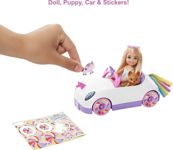 Barbie Club Chelsea Doll 6-inch Blonde, with Open-Top Rainbow Unicorn-Themed Car, Pet Puppy, Sticker Sheet & Accessories, Gift for 3 to 7 Year Olds - Image 3