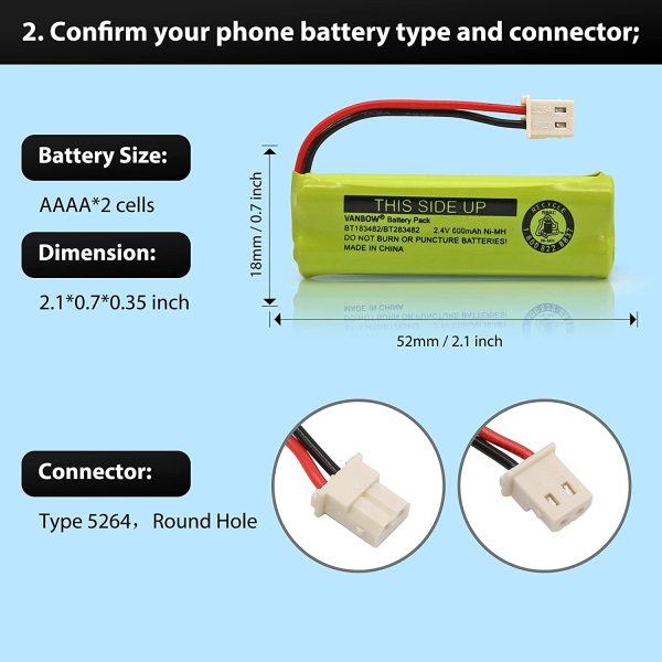 BT183482/BT283482 2.4V 600mAh Ni-MH Cordless Phone Battery Compatible with VTech DS6401 DS6421 DS6422 DS6472 LS6405 LS6425 LS6426 LS6475 LS6476 Handset (2) - Image 3